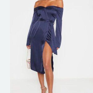 Navy Satin Bardot Lapel Wrap Midi Dress - Size 2